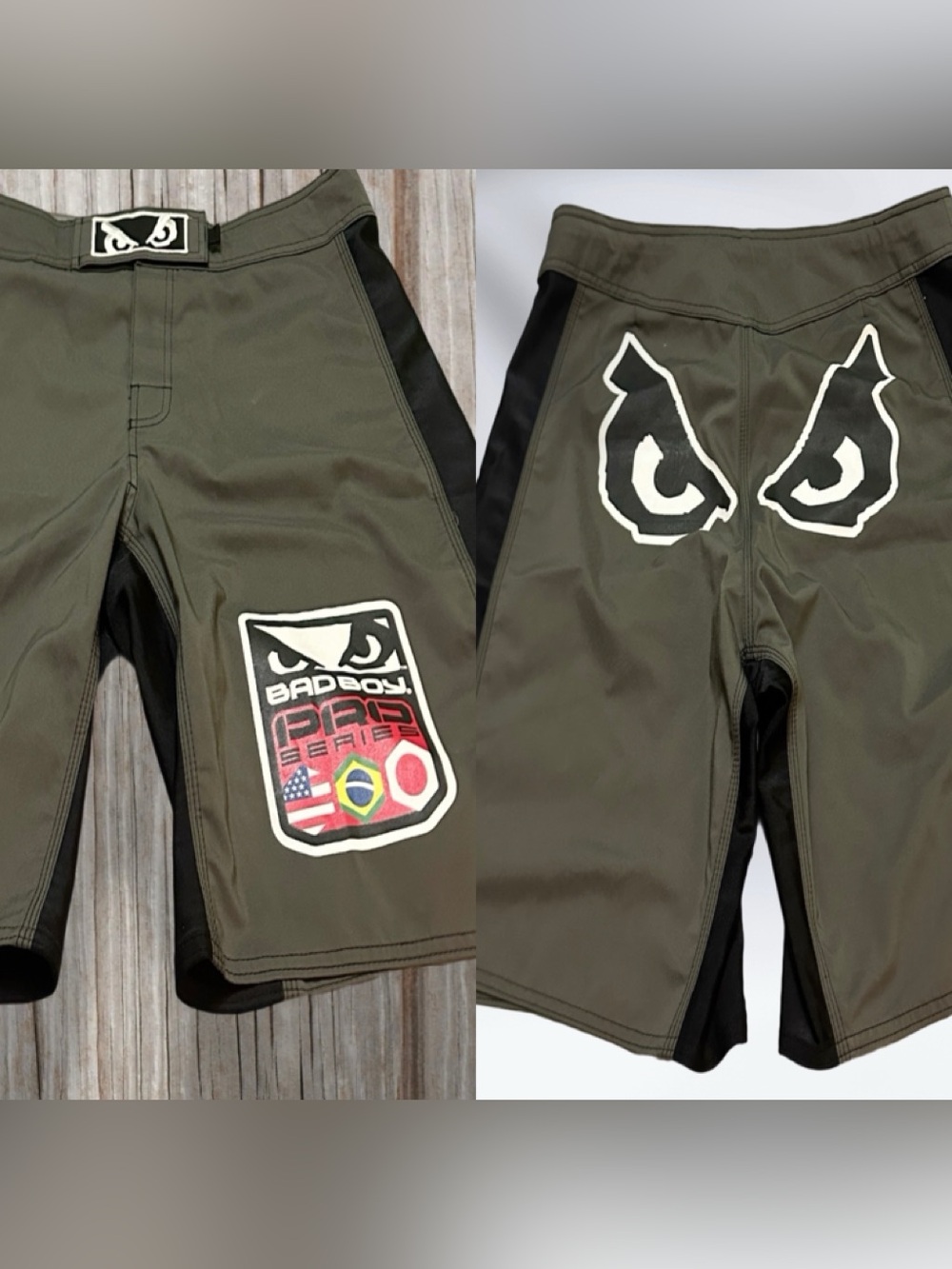 Bad Boy Men’s Olive Green Athletic Fight Shorts with Black Panels L 34
